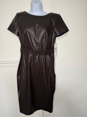 Calvin Klein Chocolate Brown Faux Leather Midi Sheath Dress with Belt size 6 NWT